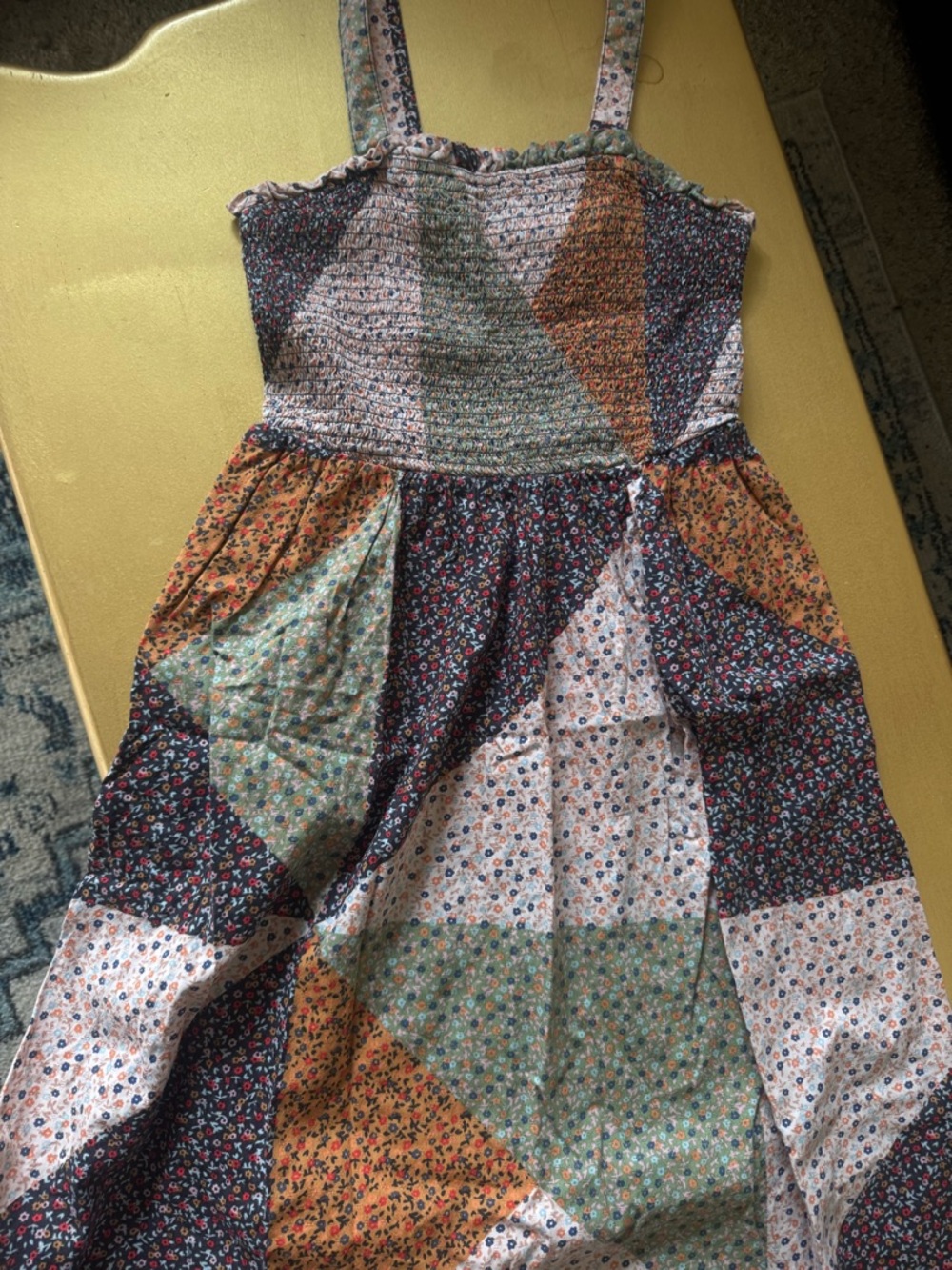 Universal Thread Patchwork Maxi Dress in Navy, Mustard, Green, Cream
